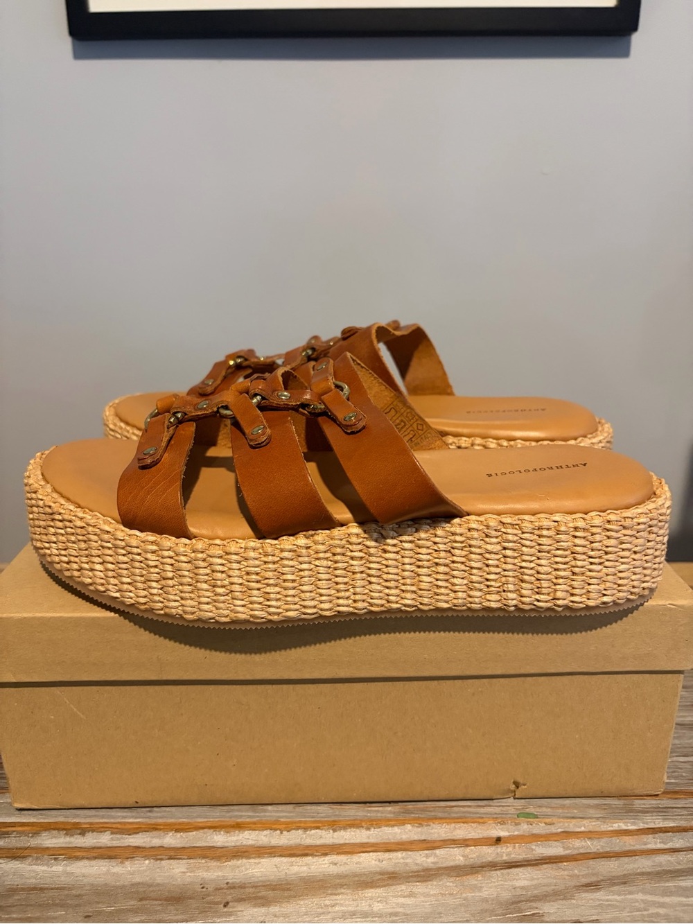 Anthropologie Tan Woven Platform Slide Sandals Size 40 NEW